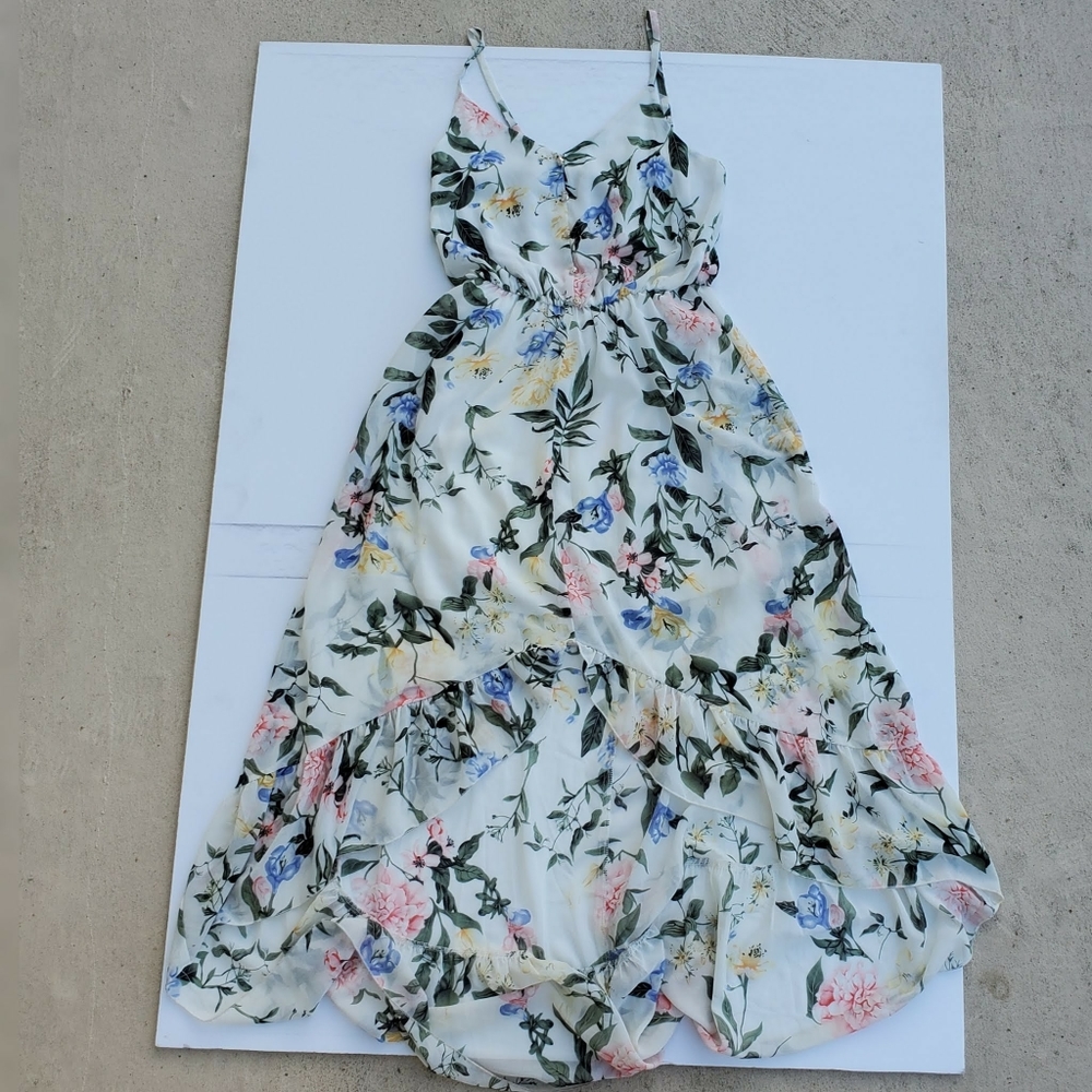 White garden floral hi lo ruffled sleeveless dress